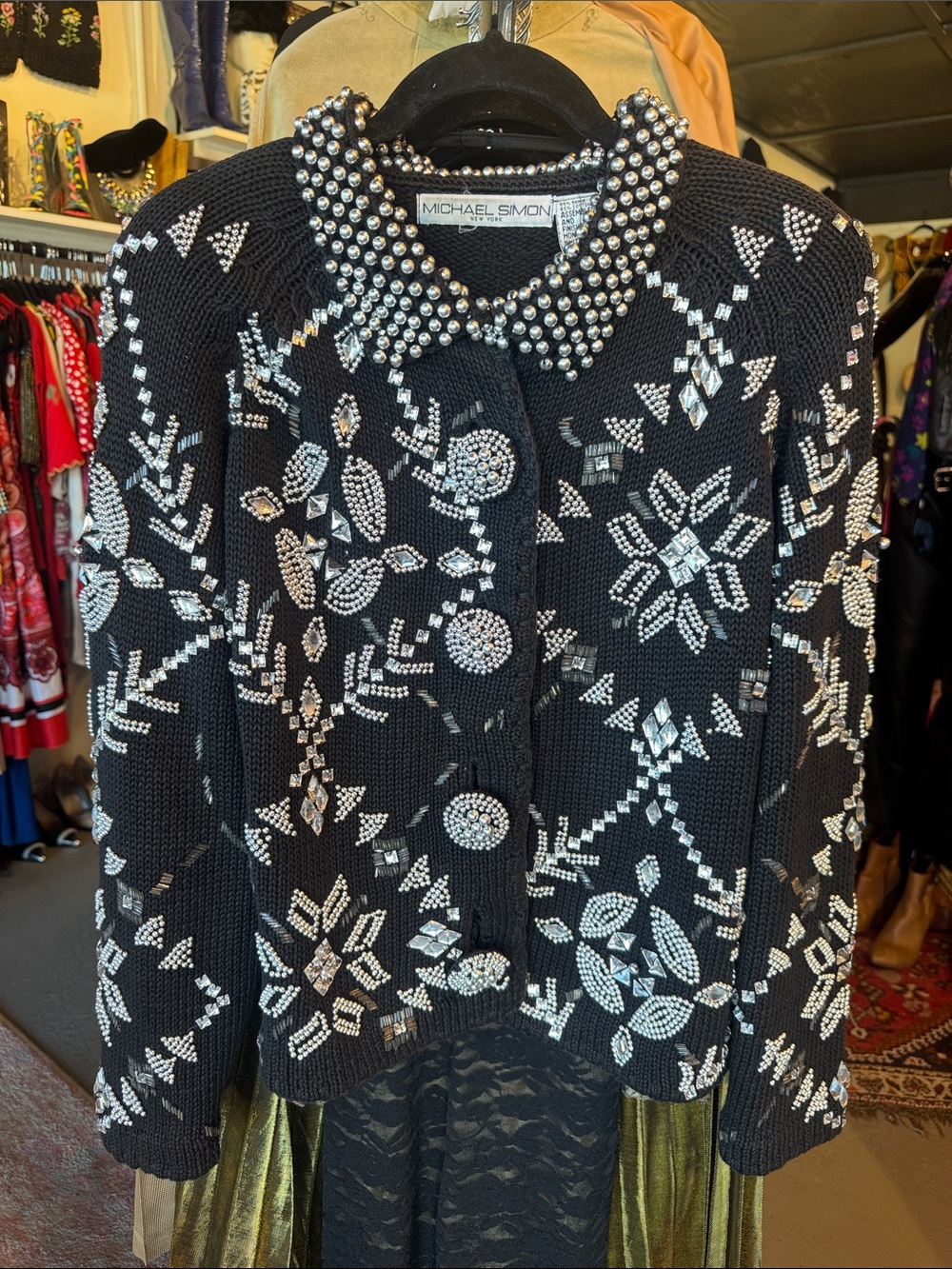 Michael Simon Black Knit Jacket with Silver Beaded Collar Sequins & Jewel Design